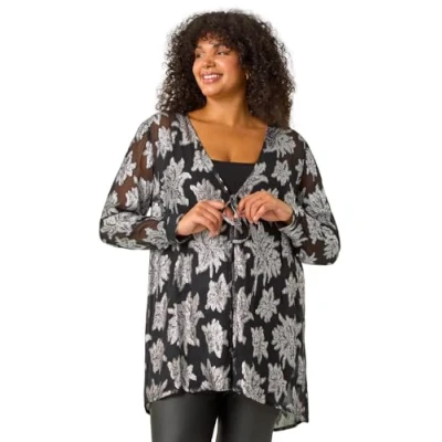 Image of Roman Curve Foil Print Tie Front Top for Women UK Ladies Everyday Autumn Winter V Neckline Comfy Soft Evening Vacation Work Party Night Out Silver Size 20