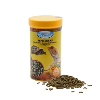 Image of Aquaris Repti Sticks turtle food 75g / 250 ml. Natural aquatic enriched proteins from fish and shrimp. Promotes healthy shell bone development.