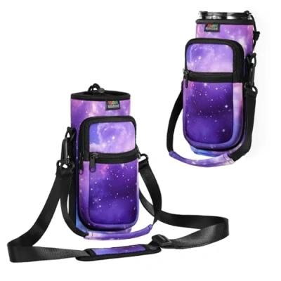 Image of Nuovoware Magnetic Gym Bag, 25oz/32oz Water Bottle Carrier Holder, Adjustable Shoulder Strap 2 Pocket Sports Sling Neoprene Sleeve for Hiking Travelling Camping, Purple Starry Sky