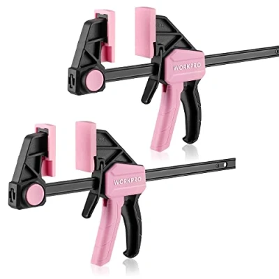 Image of WORKPRO 150mm Pink Clamps for Woodwork, Ratchet Bar Clamp Set, 80mm Spreader, Quick Release &amp; One Handed Clamp, Ideal Woodworking and DIY Projects, 2 Pack
