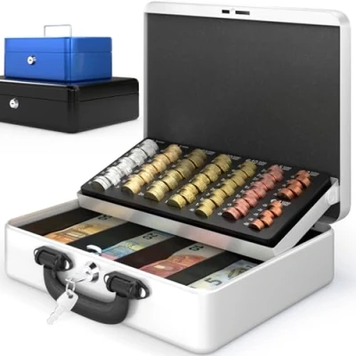 Image of ACROPAQ Cash Box Lockable, with Coin Counting Board, Large, 30 x 24.5 9 cm, 2 Keys, Premium Housing Cash, Household White