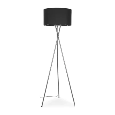 Image of MiniSun Modern Polished Chrome Metal Tripod Floor Lamp with a Dark Grey Cylinder Shade