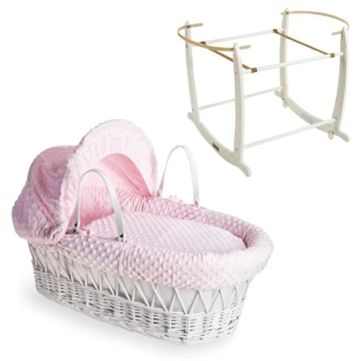 Image of Clair de Lune Dimple White Wicker Moses Basket &amp; Grey Deluxe Rocking Stand (Pink)