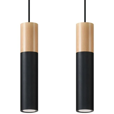 Image of Pablo Twin Hanging Pendant Light Black, Natural Wood GU10
