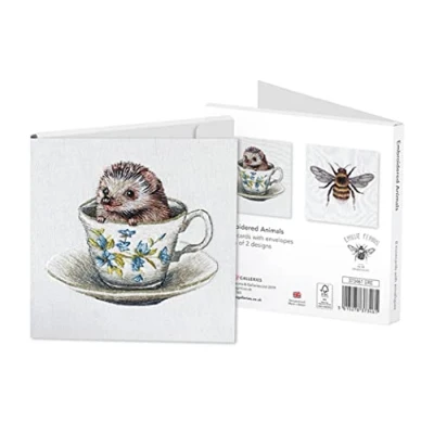 Image of Museums &amp; Galleries Emillie Ferris Hedgehog Bee Embroidered Animals Pack of 8 Square Art Greeting Cards with White Envelopes