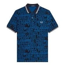 Image of Fred Perry Mens Graphic Text Polo Shirt M6611 R31 100% Cotton in Shaded Cobalt Blue &amp; Black Tipped with Silver Grey Size Large