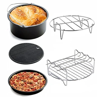 Image of Air Fryer Accessories Kit Set of 5 Attachments Home Use Including 7 inch Baking Pan,Pizza Pan,Metal Holder,Grill Rack,with Silicone Mat Fit All Standard 3.7 5.8QT