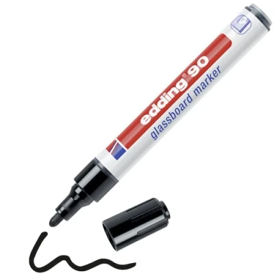 Image of edding 90 glassboard marker black 1 glass pen round nib 2 3 mm washable window for writing and marking on surfaces such as windows glassboards dry wipeable