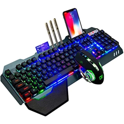 Image of 2.4 GHz Wireless Gaming Keyboard Mouse Set,USB Receiver Mechanical Feel Rainbow Backlight Rechargeable 3800mAh Battery Detachable Palm Rest +7 Colors LED for PC Writers/Gamers