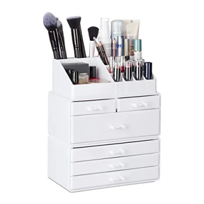 Image of Relaxdays Organiser with 6 Drawers, 22 Compartments for Makeup Storage, Acrylic Cosmetic Tower, White, 29 x 23.5 14 cm