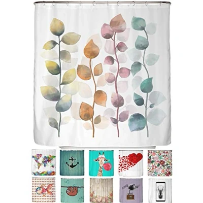 Image of arteneur® Colourful leaves anti mould shower curtain 180 x cm with Oeko Tex Standard 100 weighted hem, opaque, waterproof, washable, 12 rings and e book (English language not)