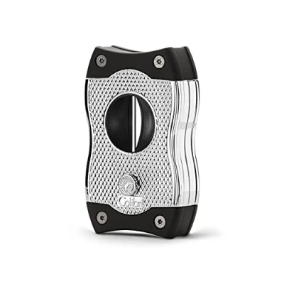 Image of Colibri SV Cut Cigar Cutter Chrome with Black Accents Spring Loaded Release Deep 7mm V and Up to 3mm Straight 68 Ring Gauge Cigars Ergonomic Design