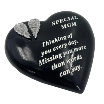 Image of Special Mum Angel Wings Memorial Black Heart Grave Plaque Graveside Ornament Decoration