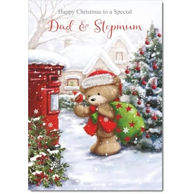 Image of doodlecards Dad and Stepmum Christmas Card Cute Bear Posting a Letter Medium Size for &amp; with Plain Envelope