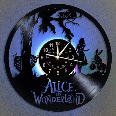 Image of Vinyl Record Wall Clock, Alice in Wonderland LED 7 Color Night Lamp Retro for Children Gifts Handmade Home Decor,With light