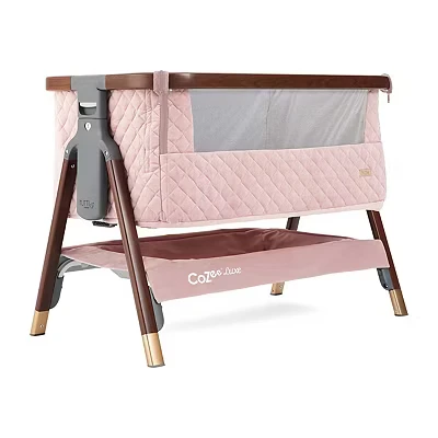 Image of Tutti Bambini CoZee® Luxe Next To Me Crib &amp; Standalone Baby Cot Quilted Velvet with 100% Cotton Jersey Lining, Foldable Bed, Travel Mattress (0 6 Months) Walnut/Pink