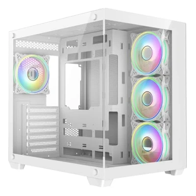 Image of CiT Vision White Dual Tempered Glass Panelling ATX PC Gaming Cube with 6 Port PWM Fan Controller and 4 x Tornado Infinity 120mm ARGB Ring Fans Included