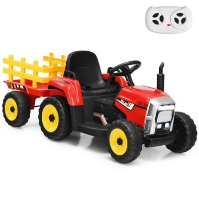 Image of GYMAX Kids Electric Tractor with Detachable Trailer, Remote Control, LED Lights, Music, Horn, USB &amp; Bluetooth, 12V Battery Powered Ride on Car for 3 Years Old + Boys Girls (Red)