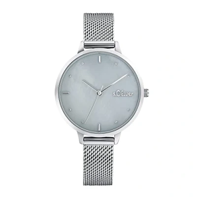 Image of s.Oliver wrist watch ladies quartz analog, with stainless steel bracelet, silver, 3 bar water resistant, comes in watches gift box, 2033510