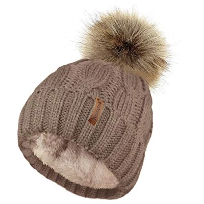 Image of TOSKATOK Ladies Chunky Soft Cable Knit Hat with Cosy Fleece Liner and Detachable Faux Fur Pompom Taupe