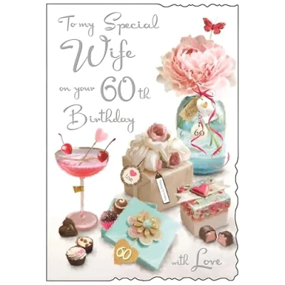 Image of Wife 60th Birthday Card Special Age 60 Artistic Feminine Design Flowers and Chocolates Finishes Illustrated Insert Leaf Made in the UK