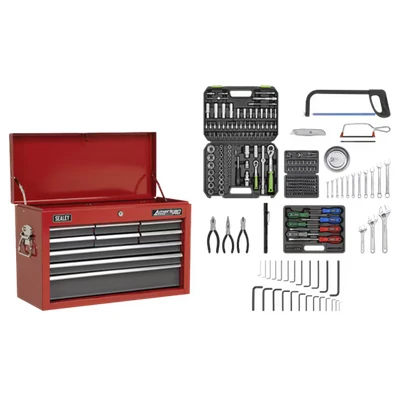 Image of Sealey American Pro Topchest 9 Drawer with Ball Bearing Slides Red/Grey &amp; 205pc Tool Kit