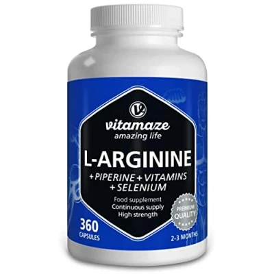 Image of L Arginine Capsules, Highly Concentrated, 360 Tablets with Vital Formula B6, B12 + Folic Acid Selenium and Piperine, Organic &amp; Natural Supplement Without Additives