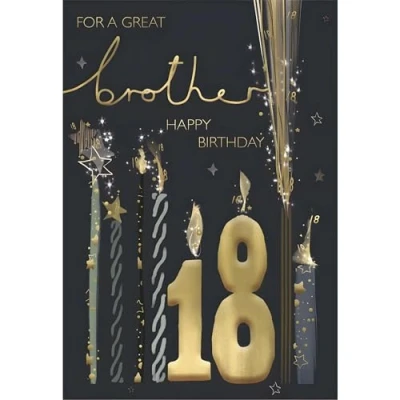 Image of Brother 18th Birthday Card Age 18 Candles and Stars Design Special Finishes Illustrated Insert Leaf Made in the UK