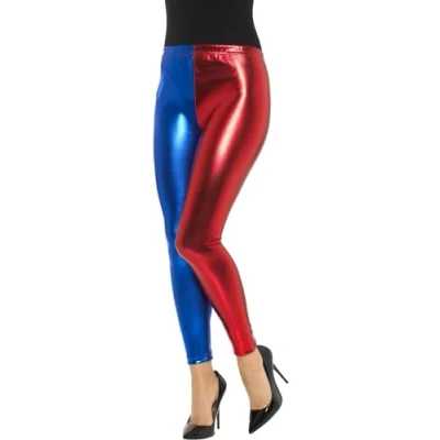 Image of Smiffys Jester Cosplay Leggings, Metallic, Blue &amp; Red , Circus Fancy Dress, Adult Dress Up Costumes