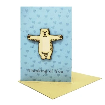 Image of Thinking of You Card with a Wooden Pocket Bear Hug on the front