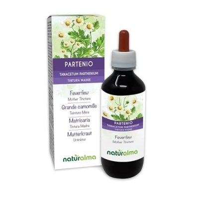 Image of Feverfew (Tanacetum parthenium) herb with Flowers Alcohol Free Mother Tincture Naturalma Liquid Extract Drops 200 ml Food Supplement Vegan