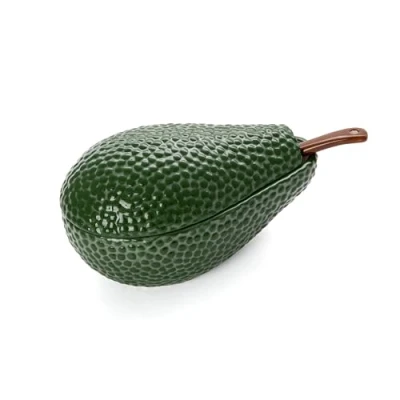 Image of Fisura Guacamole Bowl with Spoon. Original Avocado Shaped Bowl. Porcelain Green for appetizers. Measurements: 18 centimetres x 10 centimetres.