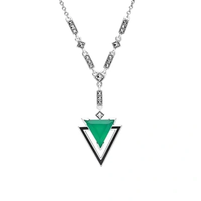 Image of Esse Marcasite Sterling Silver Art Deco Black Enamel Green Chalcedony &amp; Triangle Drop Necklace