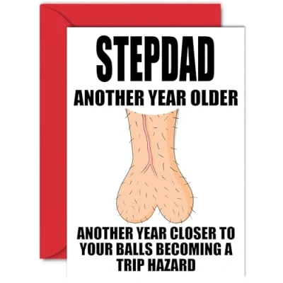 Image of Rude Birthday Cards for Step Dad Trip Hazard Funny Happy Card from Son Daughter, Joke Humour Banter Bday 40th 50th 60th 70th 80th A5 Daddy Papa Greeting