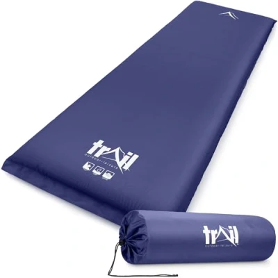 Image of Trail Extra Wide Self Inflating Sleeping Mat for Camping (L186cm x W65cm), Thick 10cm Memory Foam Core, Lightweight Inflatable Outdoor Mattress, Roll Straps &amp; Storage Bag (Blue)