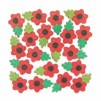 Image of Baker Ross Poppy Glitter Foam Stickers Pack of 100, Kids Remembrance and Armistice Day Craft (FE784)