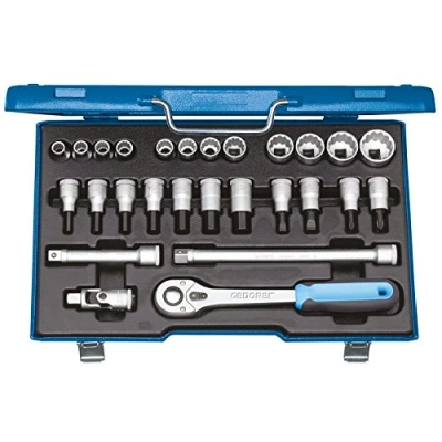 Image of GEDORE 27 piece Socket spanner set, Hex/bi hex, 1/2&quot;, 10 30 mm, Tool, Ratchet with lever reverse, for carmotive, D19 IMU