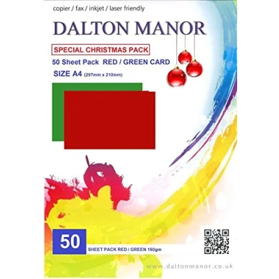 Image of Dalton Manor A4 160gsm Coloured Card 50 Sheet Pack Christmas Red &amp; Green