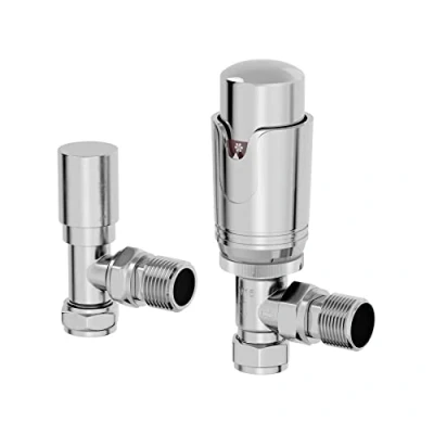 Image of Duratherm® Thermostatic Radiator Valve Pack, 15mm Lockshield TRV &amp; Thermostat, Polished Chrome Valves for Radiators, Angled