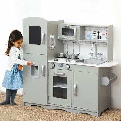 Image of Motherandbaby Kids Wooden Play Kitchen Boys Girls Pretend Toy with Sounds and Light Cooking Role Large Size 91.5x85.5x30cm Grey (with Utensil Toys)