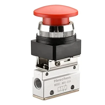 Image of Heschen Pneumatic Mechanical Valve, MOV 03A, PT1/8, 3 Way 2 Position, Red Mushroom Momentary Push Button Normally Closed Type