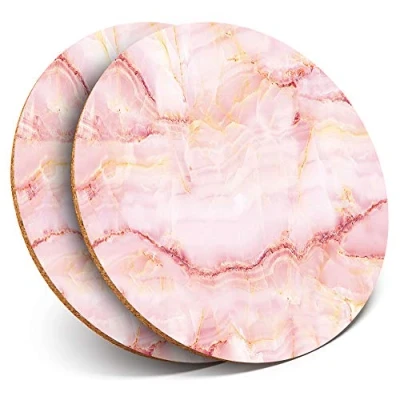 Image of 2 x Round Coasters Pink Marble Stone Agate Fun Cork Backed Home Kitchen Accessory Tea Coffee Mug Mat #2726