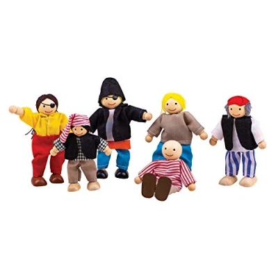 Image of Bigjigs Toys Heritage Playset Wooden Pirate Figures 6 Dolls, Quality Ship Accessories, Unique for Kids, Dolls House People