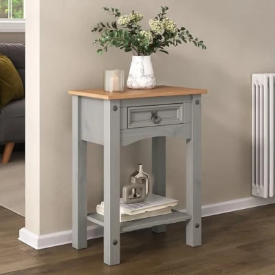 Image of Corona Console Table Pine Grey Wax 1 Drawer Solid Wood Side