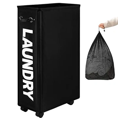 Image of DOKEHOM 29 Inches Enlarged Slim Laundry Basket with Removable Wash Bag on Wheels, Collapsible Rolling Hamper, Foldable Narrow Corner Clothes Storage Bins (Black)