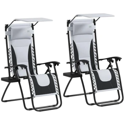 Image of Outsunny Zero Gravity Lounger Chair Set of 2, Folding Reclining Patio with Shade Cover, Cup Holder, Soft Cushion and Headrest for Poolside, Camping, Light Grey