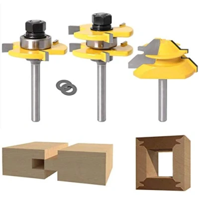 Image of Lock Miter 45 Degree Joint Router Bits + 2Pcs Tongue and Groove Set [1/4 Inch Shank], APLUS Mitre Glue Bit 3 Teeth T Shape, Wood Milling Cutter Woodworking Tool