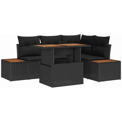 Image of vidaXL 5 Piece Garden Dining Set with Cushions Black Poly Rattan Acacia