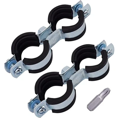 Image of SKIR&#039;CO (2 pcs) Double Pipe Brackets with Rubber Linings for 26 30 mm Pipes, Clamps, Supports Wall and Ceiling Mounting