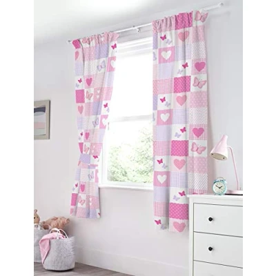 Image of Bloomsbury Mill Kids Curtains for Girls Bedroom Pink Hearts and Butterflies Patchwork Lined Curtain Pair with Tiebacks Nursery Childrens Baby Room 66X72 inch drop (168x183cm)